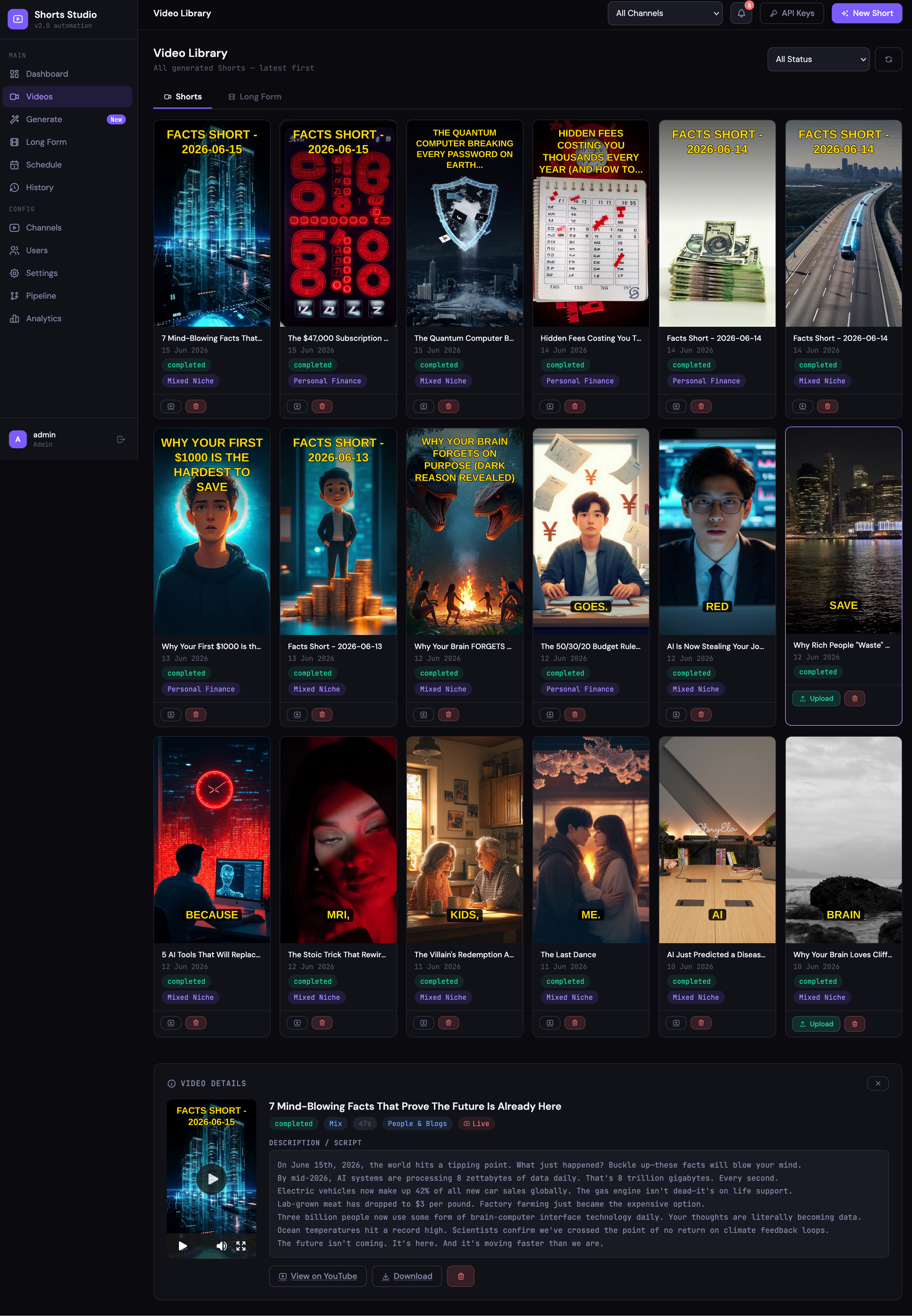 Shorts Studio video library showing generated Shorts across multiple channels