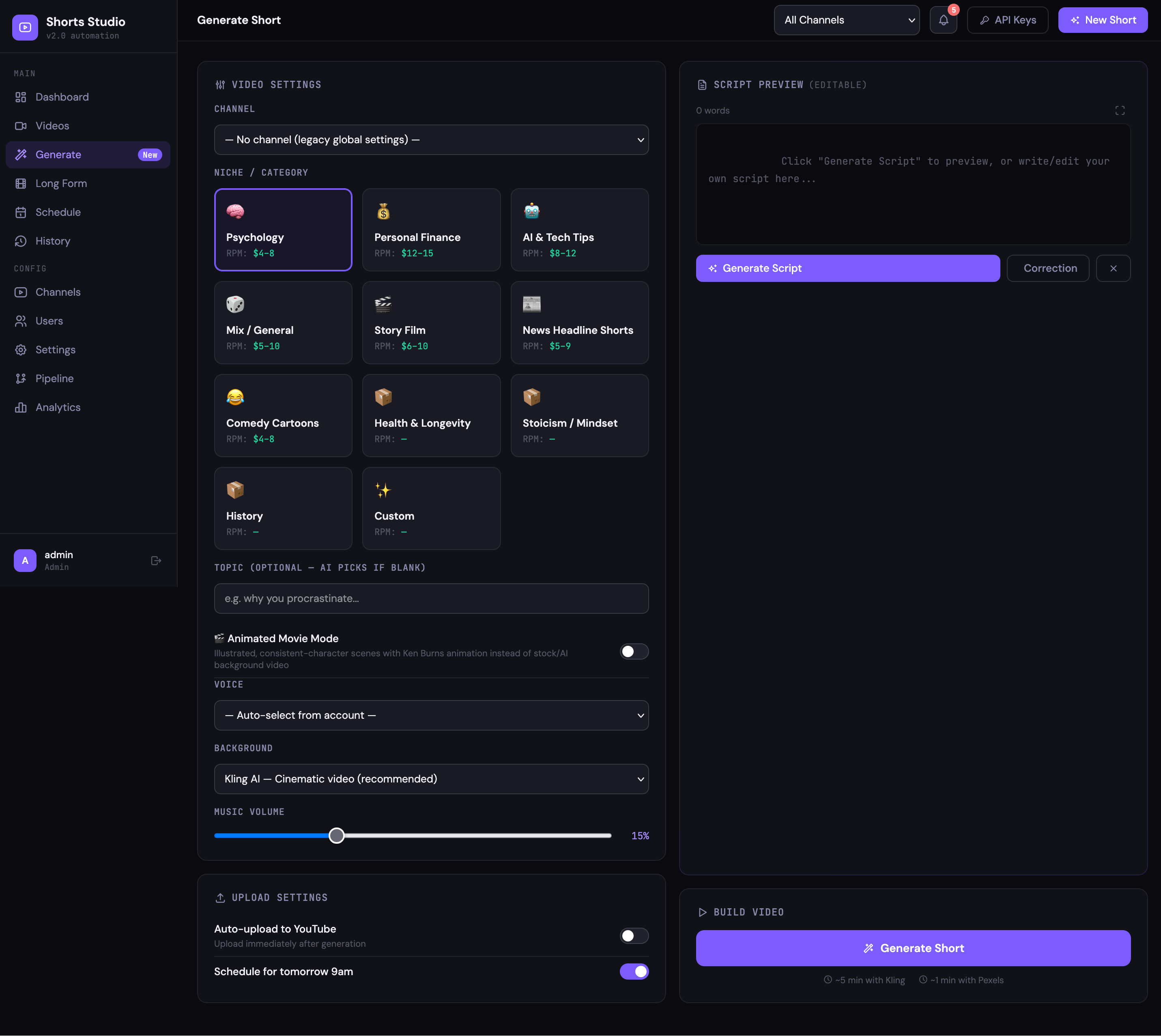 Shorts Studio short generation screen with niche, voice, background and scheduling options